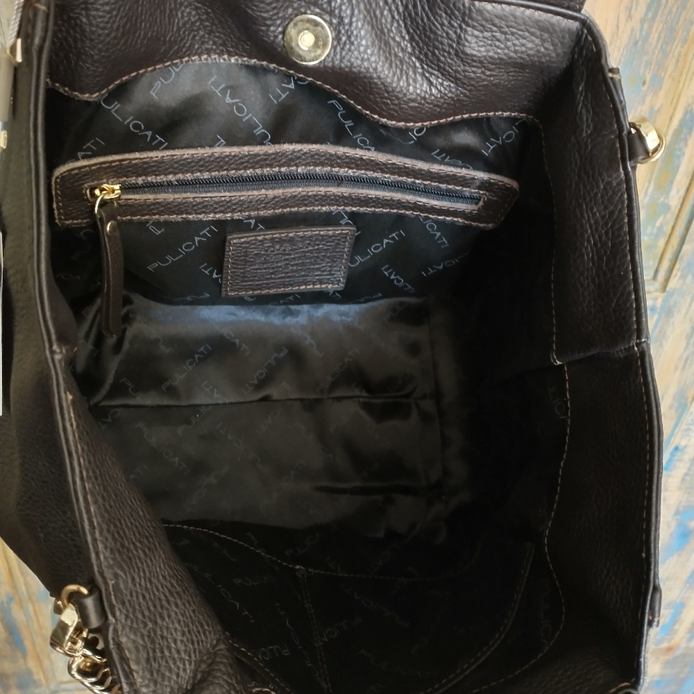 NWT! Pulicati calf hair & brown leather soft slouchy tote, studs, chain strap - Picture 3 of 6